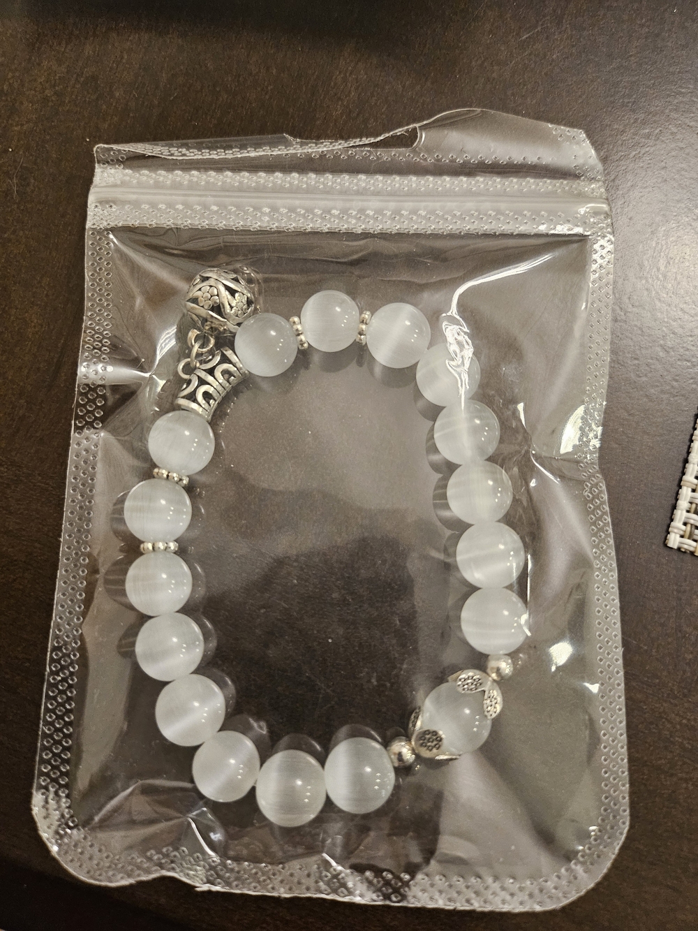 White Beaded Stretch Bracelet with Silver Accents